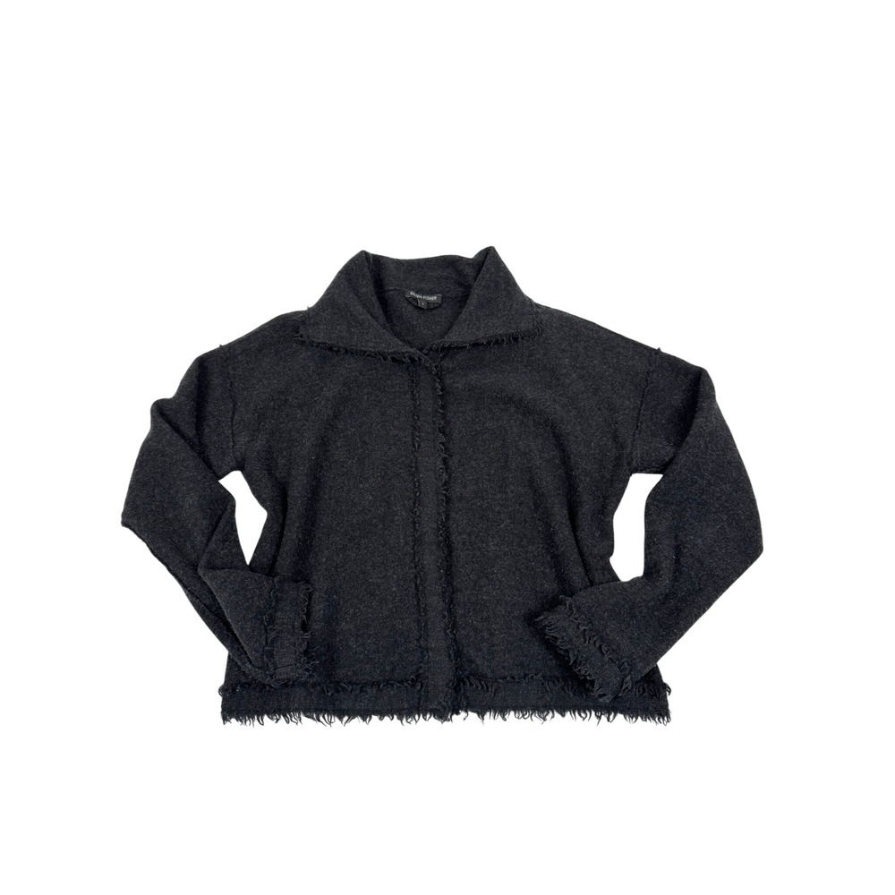 Eileen Fisher Gray 100% Merino Wool Fringed Snap Front Cardigan Jacket Small